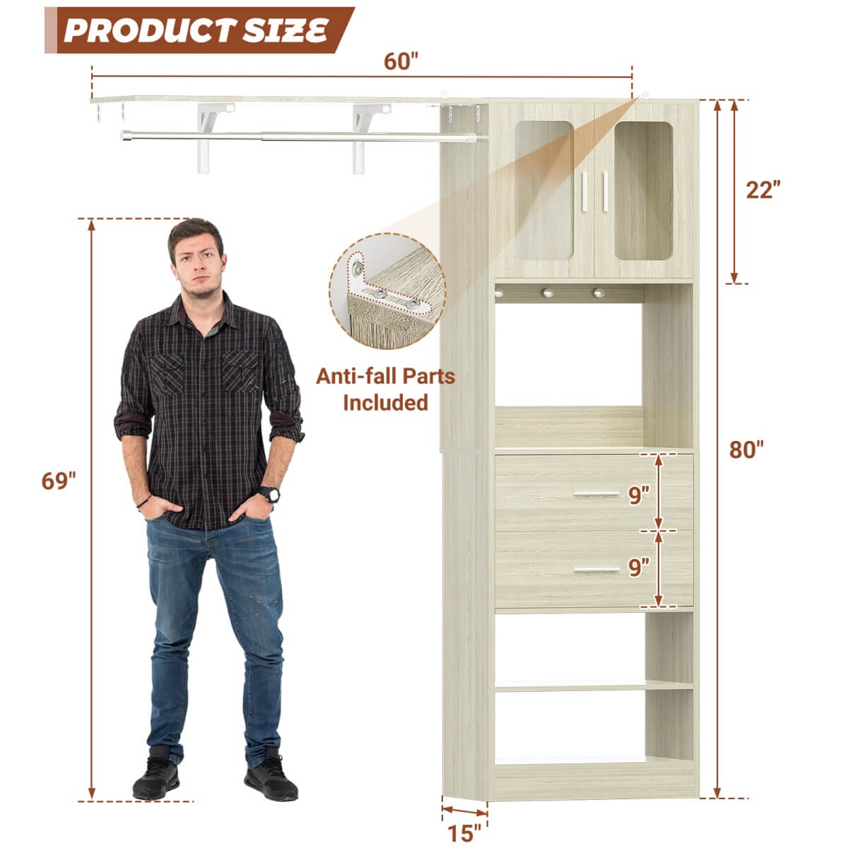 5FT Walk-in Closet System with Drawers & Doors, 60'' Wardrobe Closet with Hanging Rod, for Bedroom, Closet