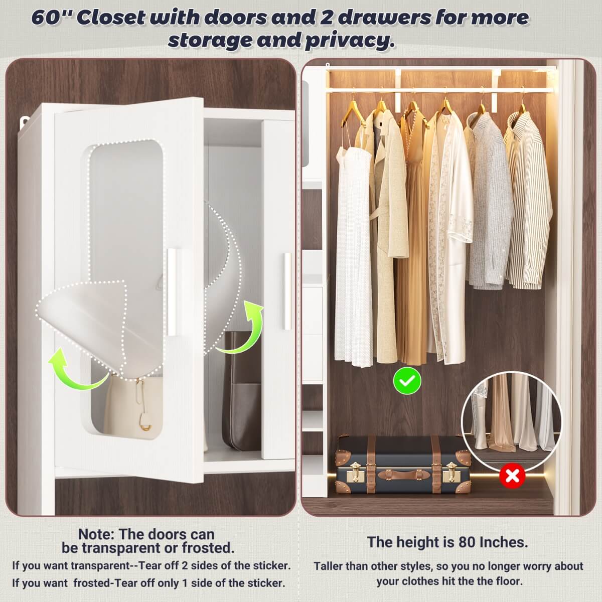 5FT Walk-in Closet System with Drawers & Doors, 60'' Wardrobe Closet with Hanging Rod, for Bedroom, Closet