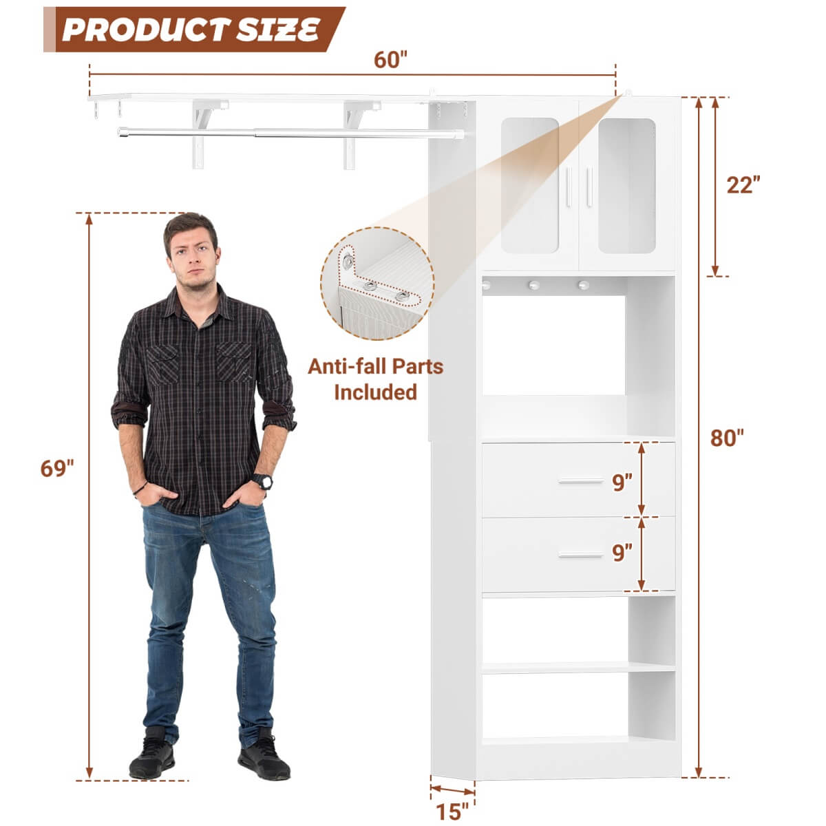 5FT Walk-in Closet System with Drawers & Doors, 60'' Wardrobe Closet with Hanging Rod, for Bedroom, Closet