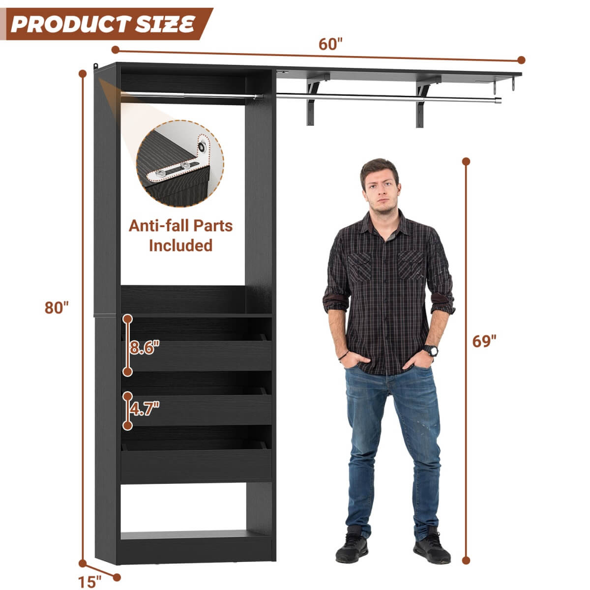 60'' Closet System with 3 Wooden Drawers & Hanging Rods, Heavy Duty Closet Organizer for Small Space