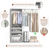 60'' Closet System with 3 Wooden Drawers & Hanging Rods, Heavy Duty Closet Organizer for Small Space