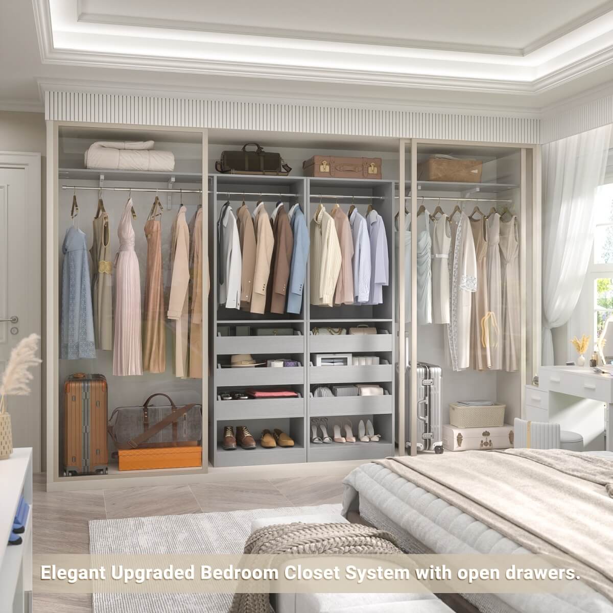 60'' Closet System with 3 Wooden Drawers & Hanging Rods, Heavy Duty Closet Organizer for Small Space