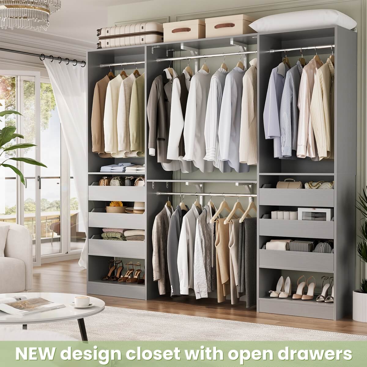 60'' Closet System with 3 Wooden Drawers & Hanging Rods, Heavy Duty Closet Organizer for Small Space