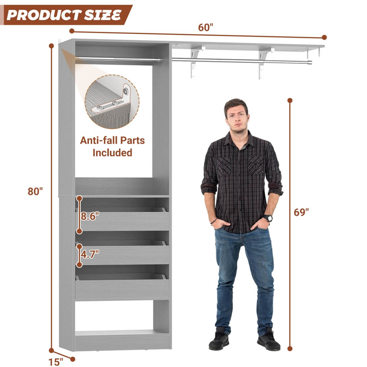 60'' Closet System with 3 Wooden Drawers & Hanging Rods, Heavy Duty Closet Organizer for Small Space