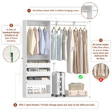 60'' Closet System with 3 Wooden Drawers & Hanging Rods, Heavy Duty Closet Organizer for Small Space