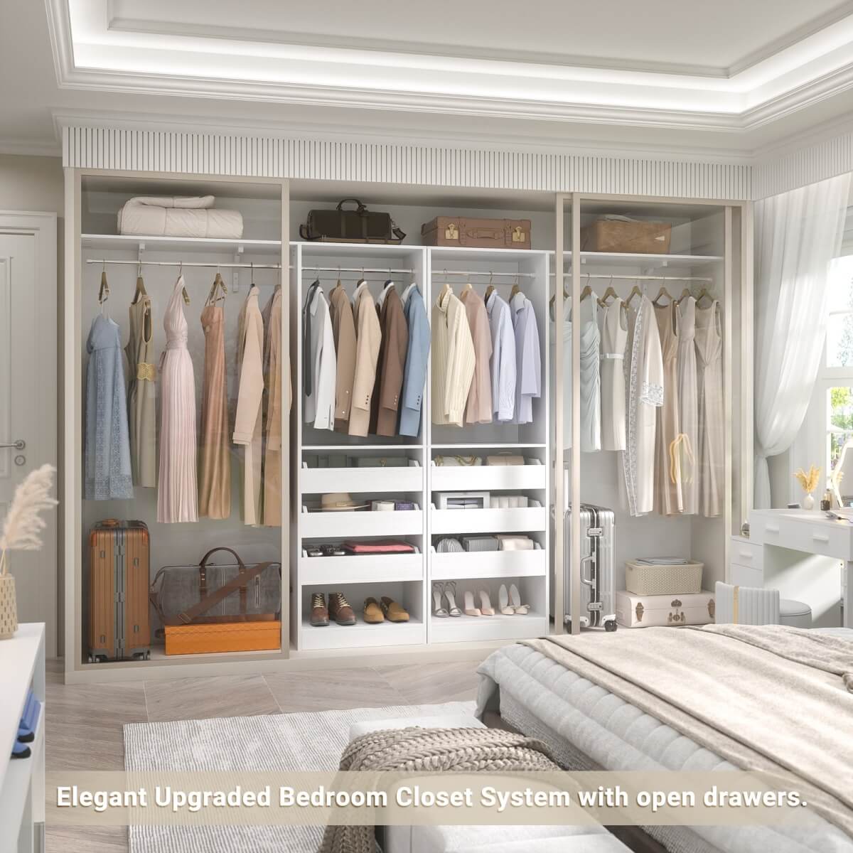 60'' Closet System with 3 Wooden Drawers & Hanging Rods, Heavy Duty Closet Organizer for Small Space