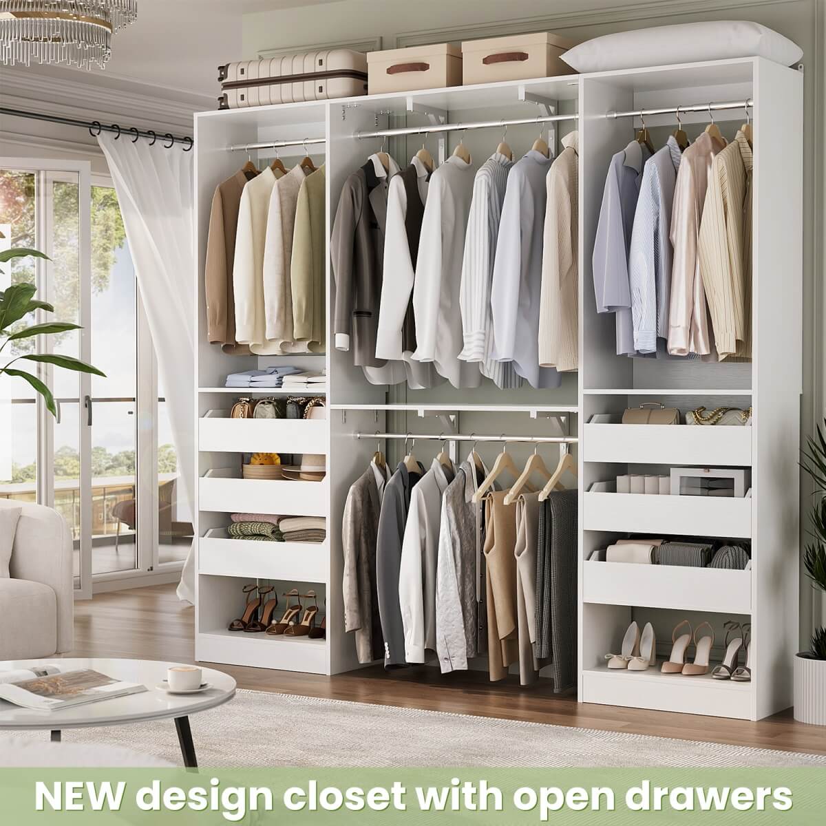 60'' Closet System with 3 Wooden Drawers & Hanging Rods, Heavy Duty Closet Organizer for Small Space