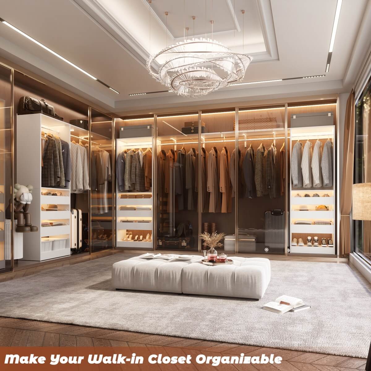 60'' Closet System with 3 Wooden Drawers & Hanging Rods, Heavy Duty Closet Organizer for Small Space