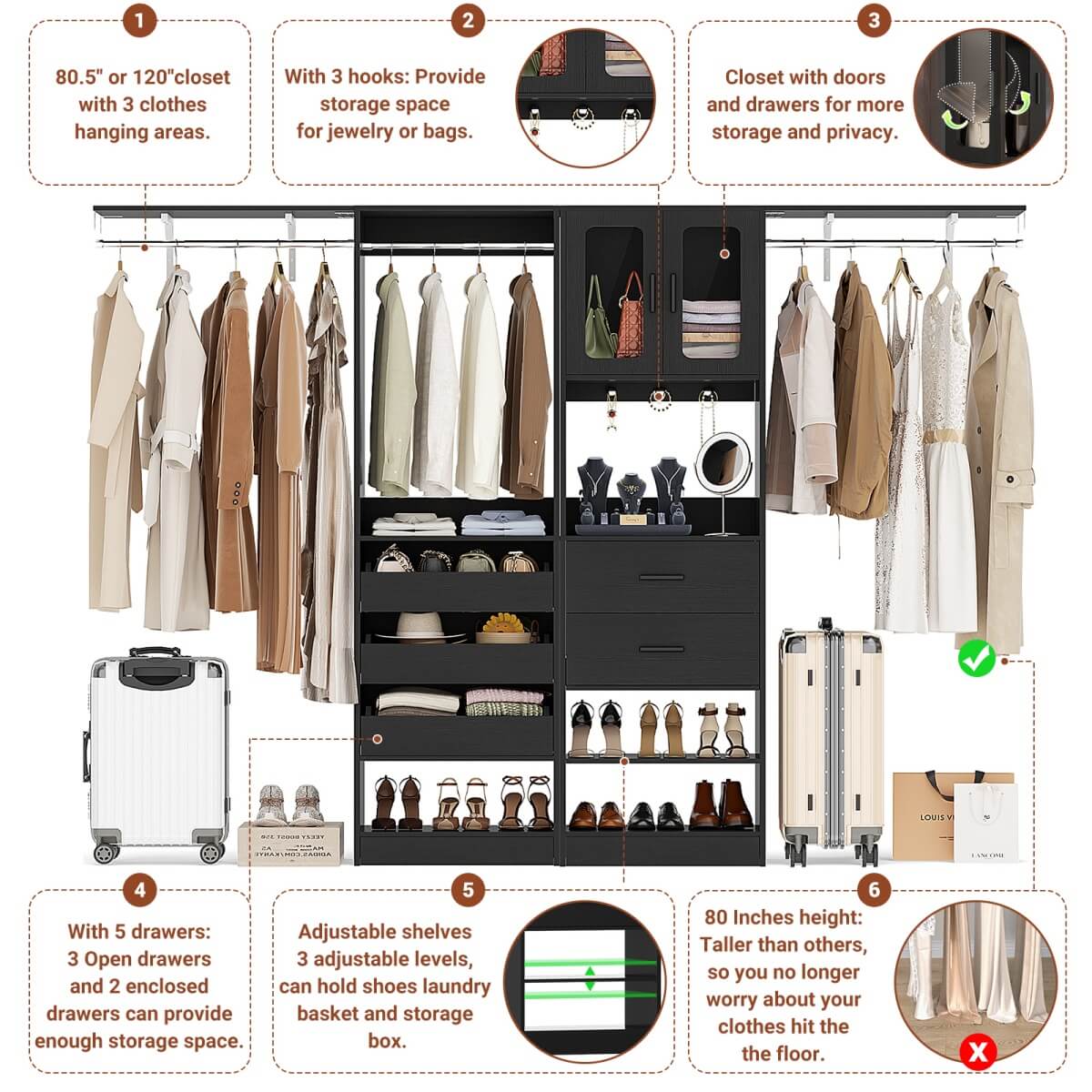 120'' 2-in-1 Closet System, Walk in Closet with 5 Drawers and Shoe Rack