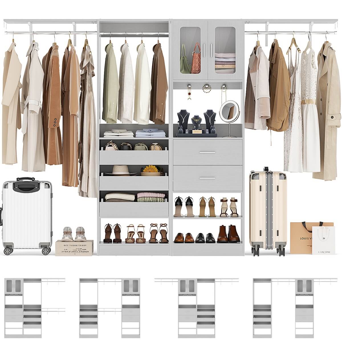 120'' 2-in-1 Closet System, Walk in Closet with 5 Drawers and Shoe Rack