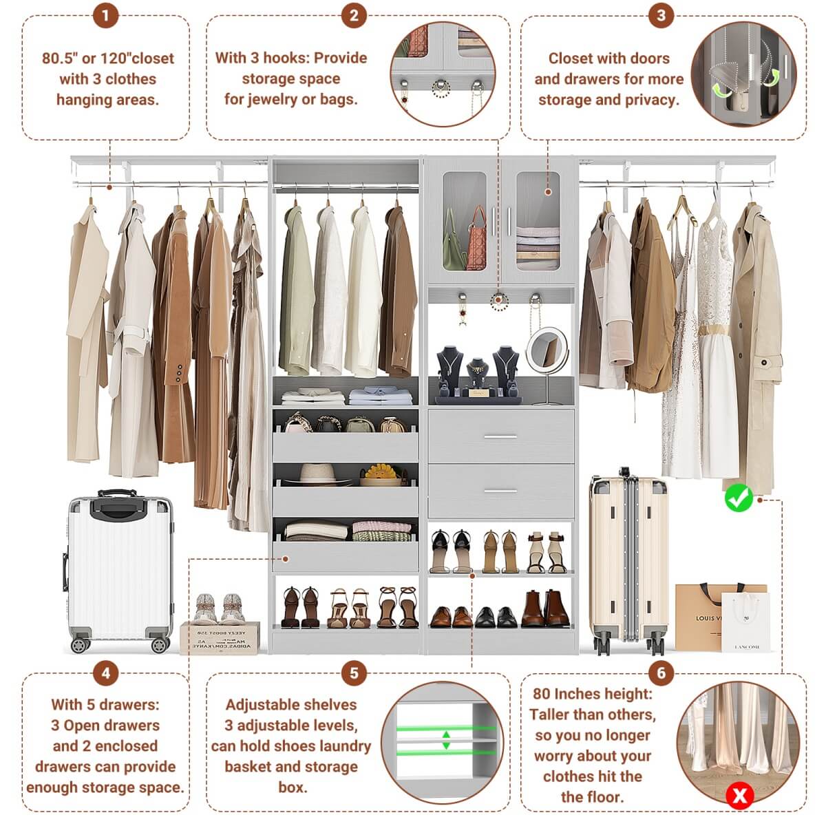 120'' 2-in-1 Closet System, Walk in Closet with 5 Drawers and Shoe Rack