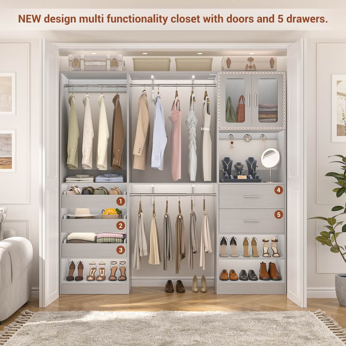 120'' 2-in-1 Closet System, Walk in Closet with 5 Drawers and Shoe Rack