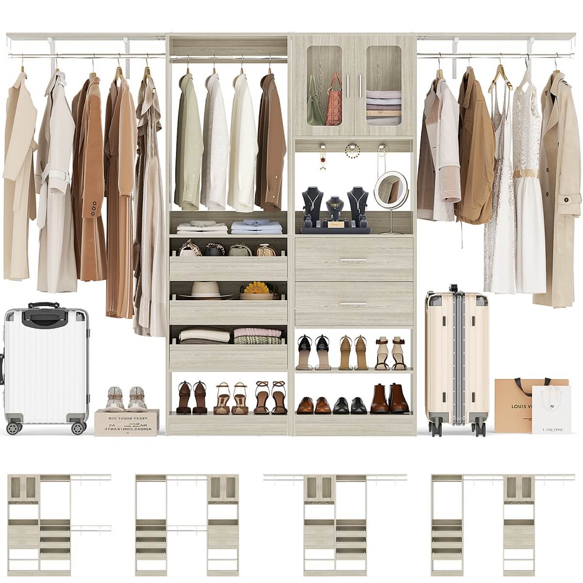 120'' 2-in-1 Closet System, Walk in Closet with 5 Drawers and Shoe Rack