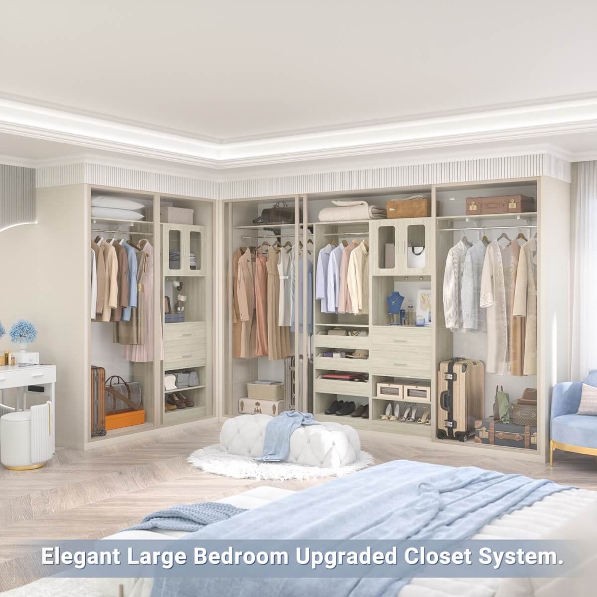 120'' 2-in-1 Closet System, Walk in Closet with 5 Drawers and Shoe Rack