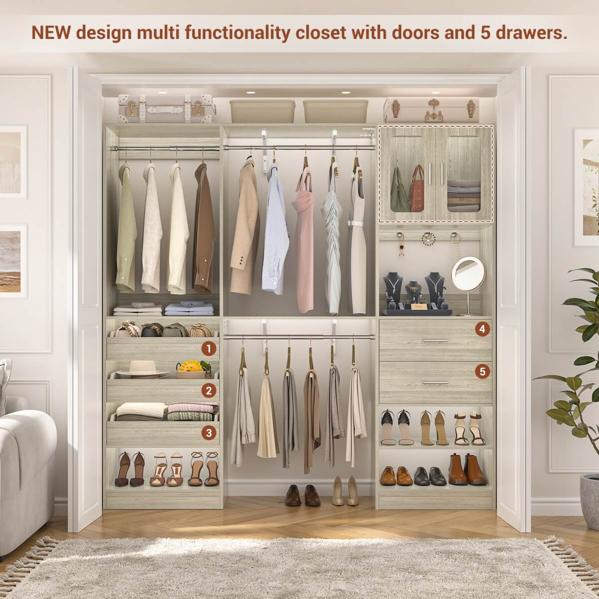 120'' 2-in-1 Closet System, Walk in Closet with 5 Drawers and Shoe Rack