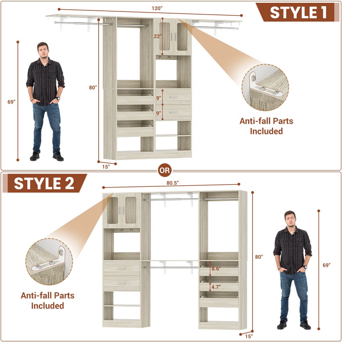 120'' 2-in-1 Closet System, Walk in Closet with 5 Drawers and Shoe Rack