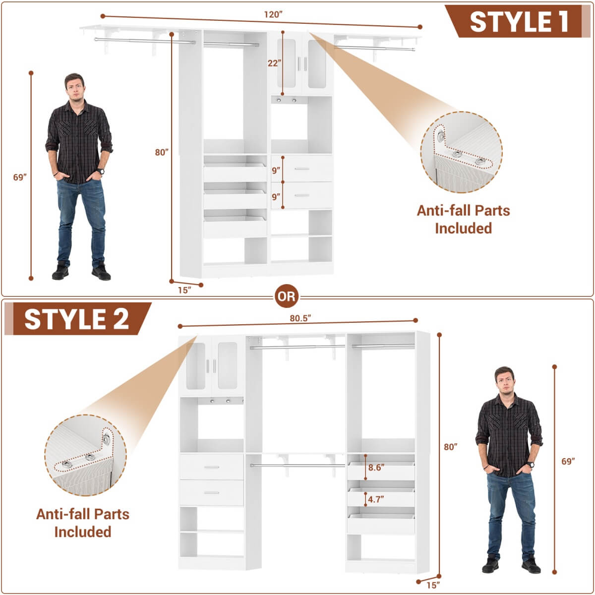 120'' 2-in-1 Closet System, Walk in Closet with 5 Drawers and Shoe Rack