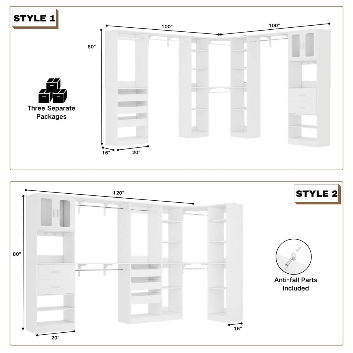 3-in-1 Walk in Closet System with Drawers and Shelves, Heavy Duty Closet Organizer System, 80'' Height, 2000 LBS Weight Capacity