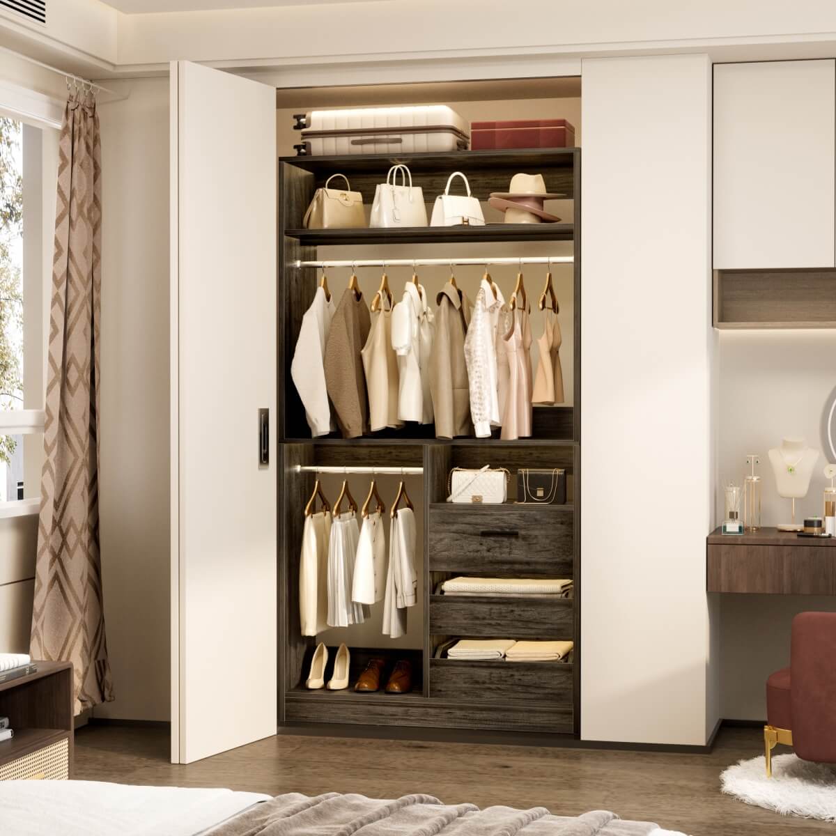 36'' Walk in Closet System with 3 Wooden Drawers, Freestanding WardrobeCloset with 2 Hanging Rods