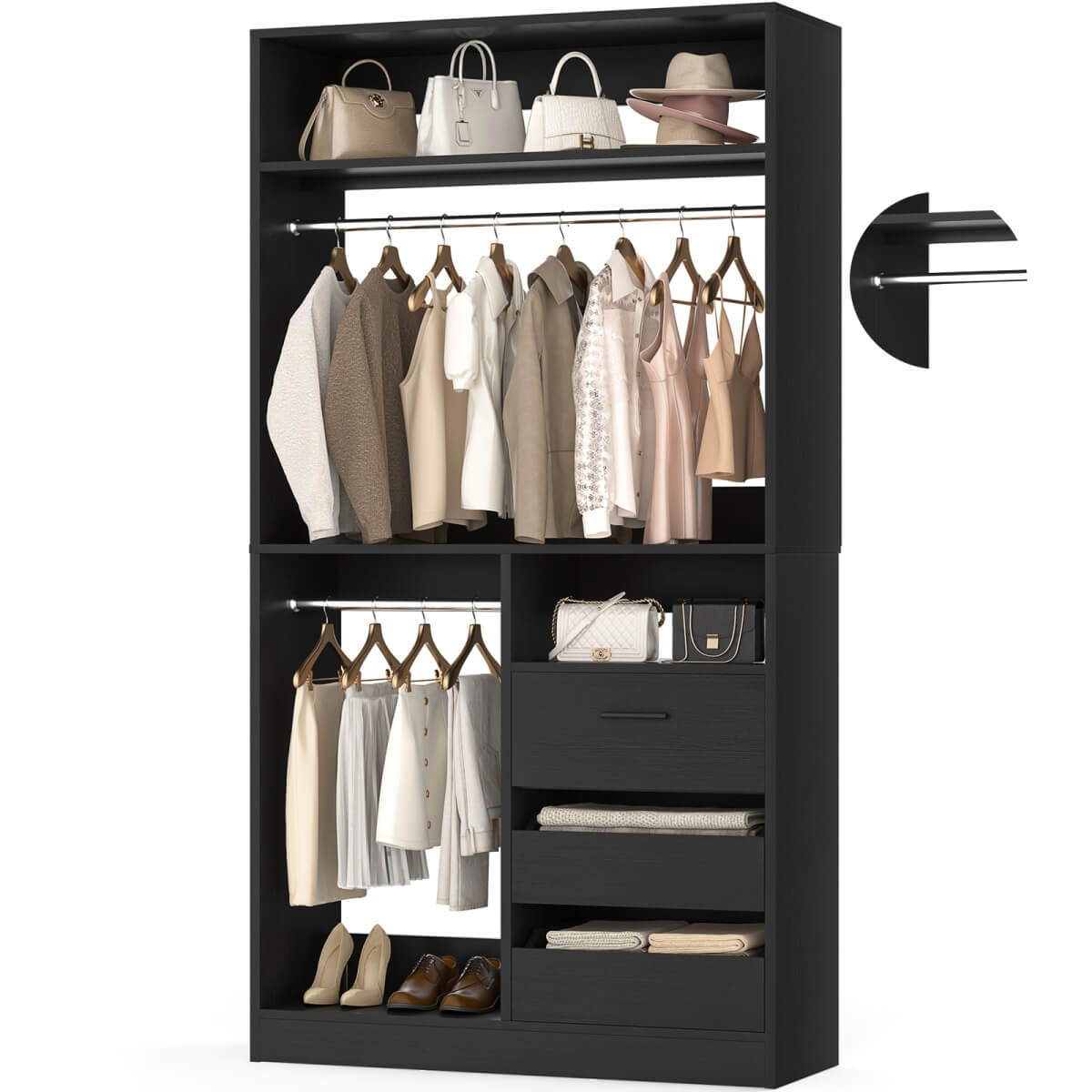 36'' Walk in Closet System with 3 Wooden Drawers, Freestanding WardrobeCloset with 2 Hanging Rods