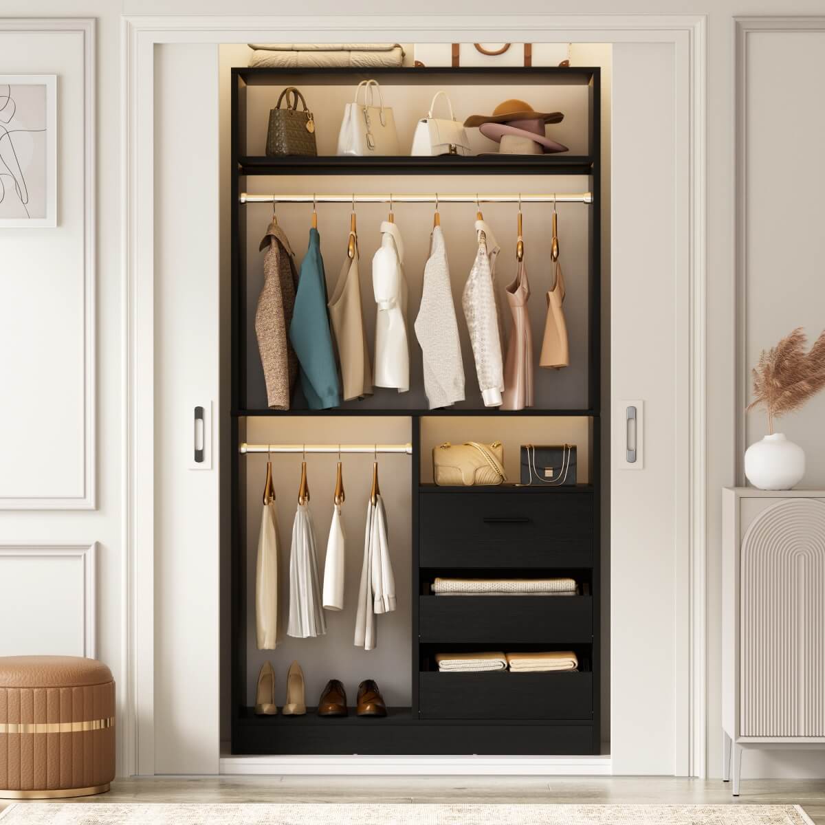 36'' Walk in Closet System with 3 Wooden Drawers, Freestanding WardrobeCloset with 2 Hanging Rods