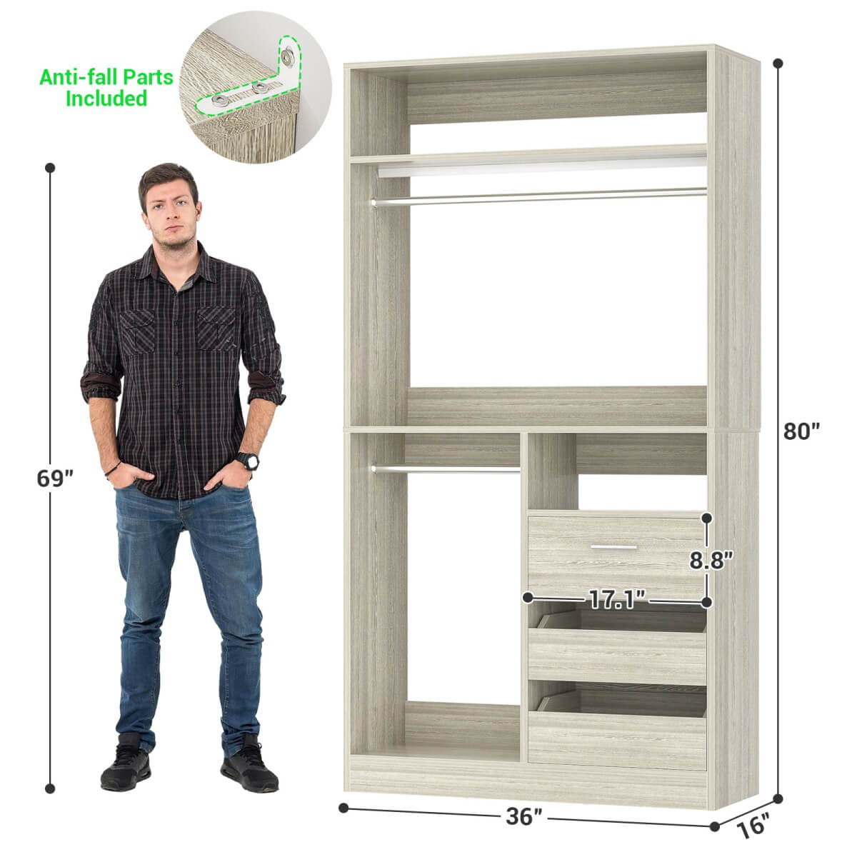 36'' Walk in Closet System with 3 Wooden Drawers, Freestanding WardrobeCloset with 2 Hanging Rods