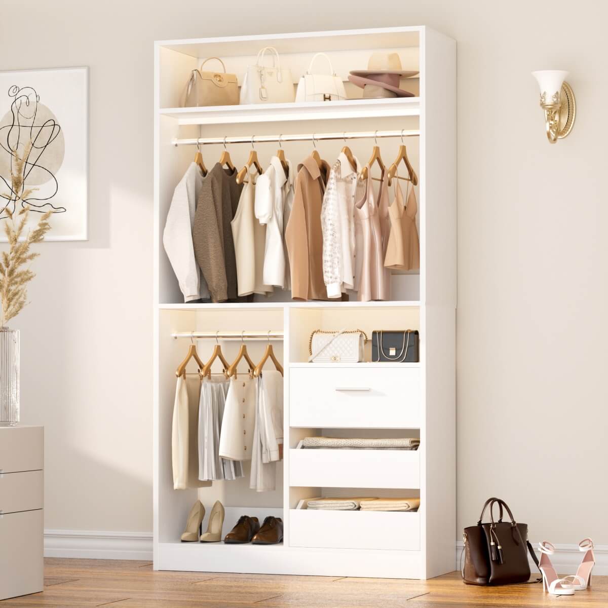 36'' Walk in Closet System with 3 Wooden Drawers, Freestanding WardrobeCloset with 2 Hanging Rods