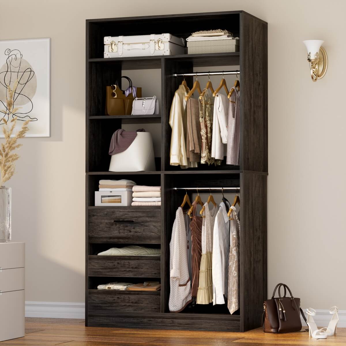 36" Freestanding Walk-in Closet System with 3 Wooden Drawers, 80'' Height