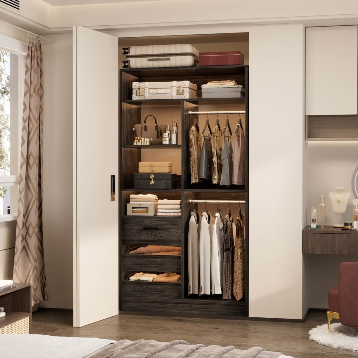 36" Freestanding Walk-in Closet System with 3 Wooden Drawers, 80'' Height