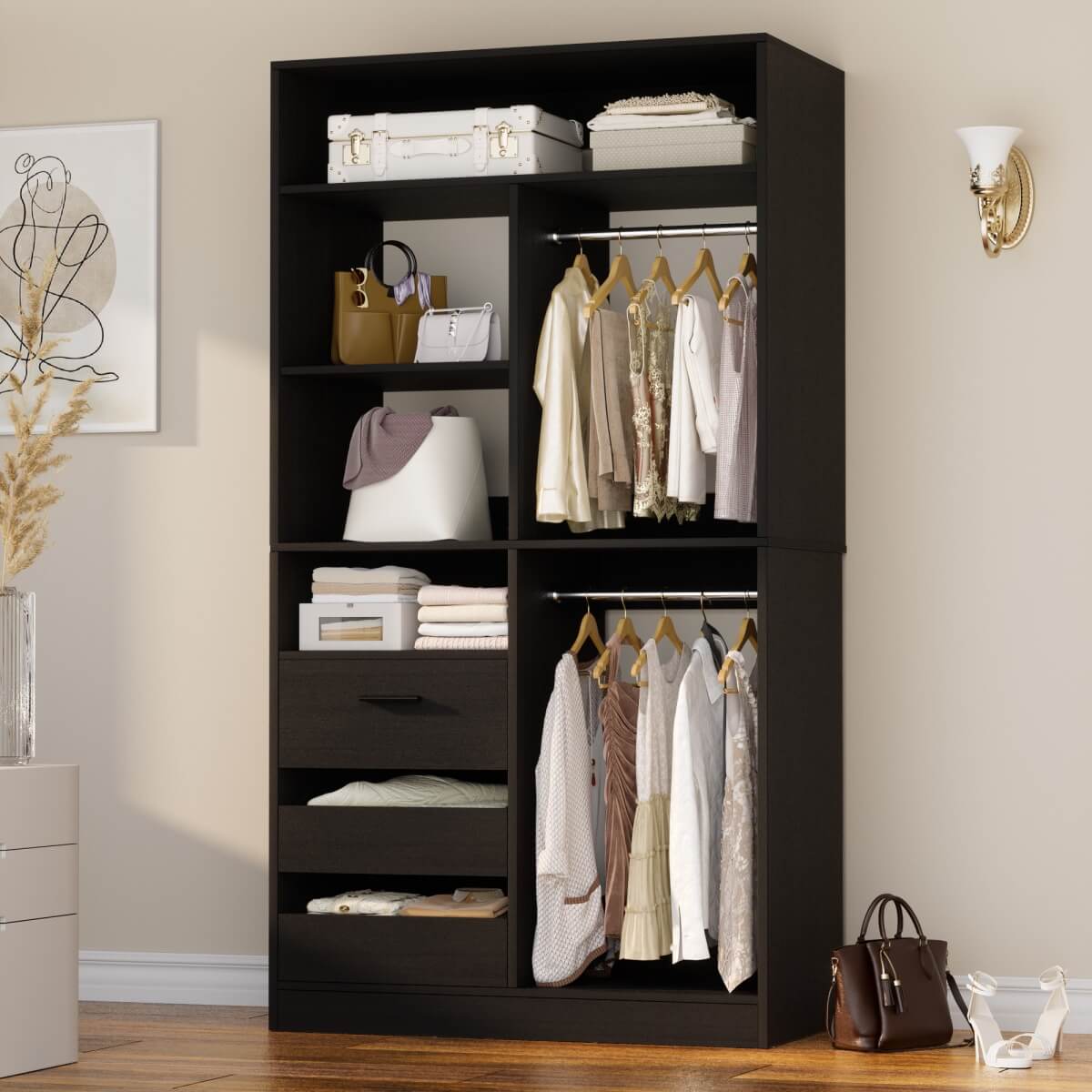 36" Freestanding Walk-in Closet System with 3 Wooden Drawers, 80'' Height