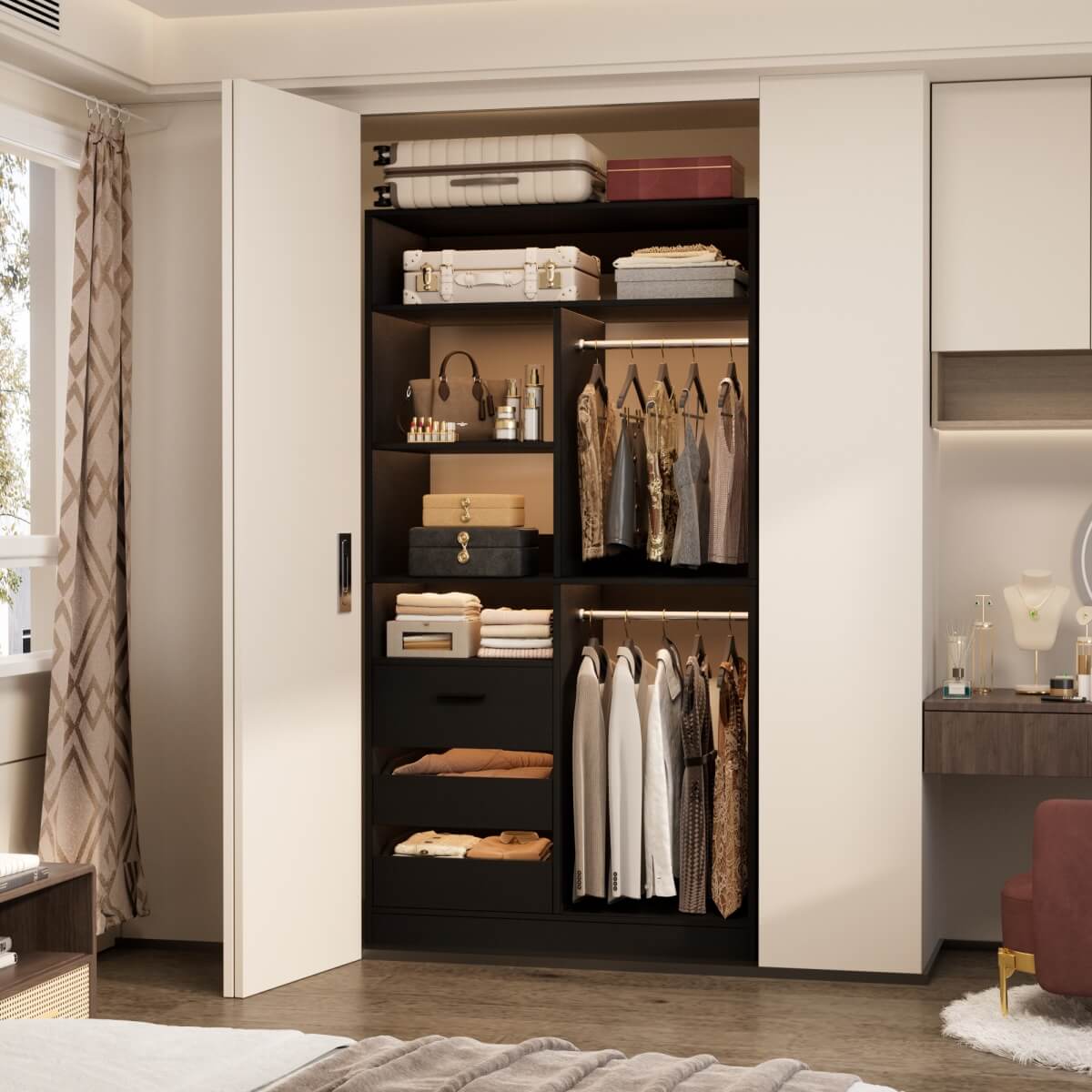 36" Freestanding Walk-in Closet System with 3 Wooden Drawers, 80'' Height