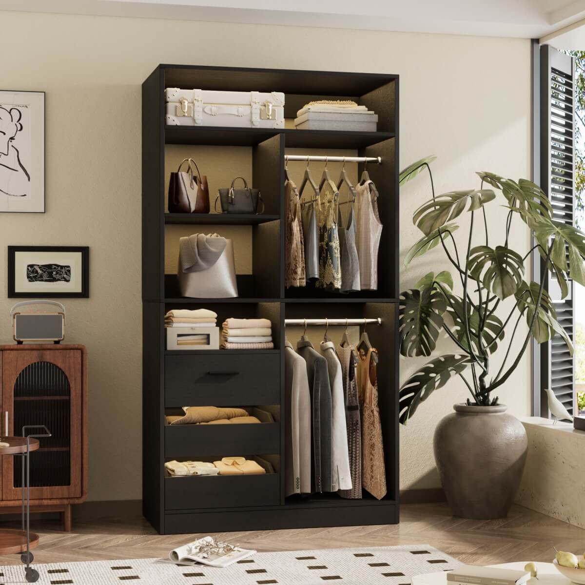 36" Freestanding Walk-in Closet System with 3 Wooden Drawers, 80'' Height