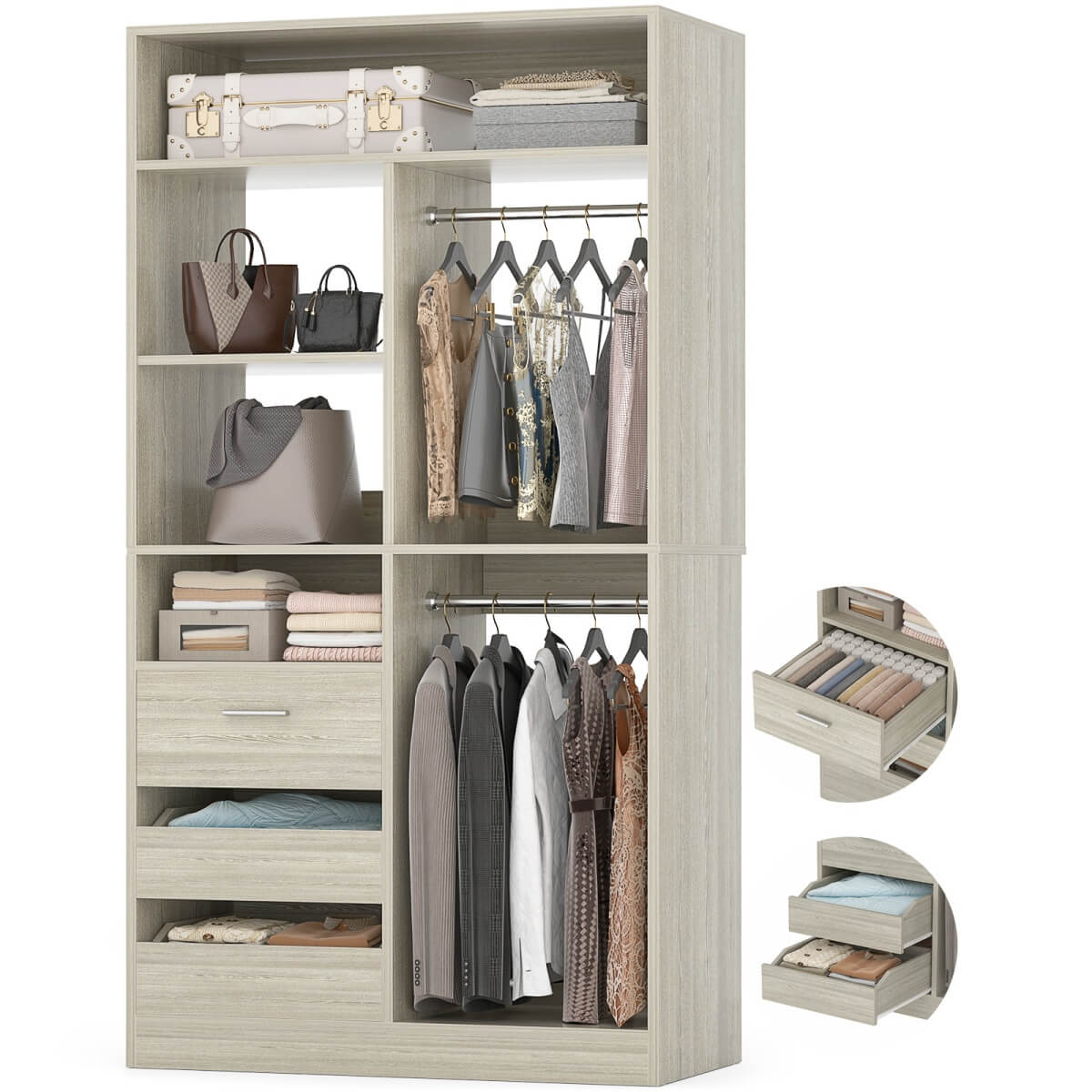 36" Freestanding Walk-in Closet System with 3 Wooden Drawers, 80'' Height