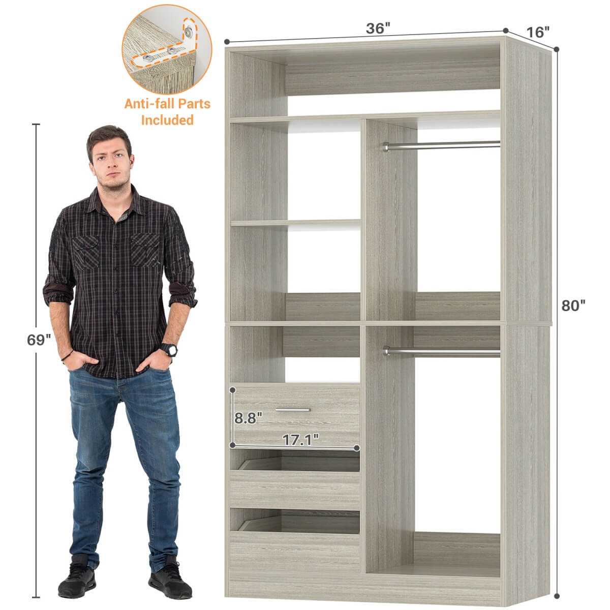 36" Freestanding Walk-in Closet System with 3 Wooden Drawers, 80'' Height