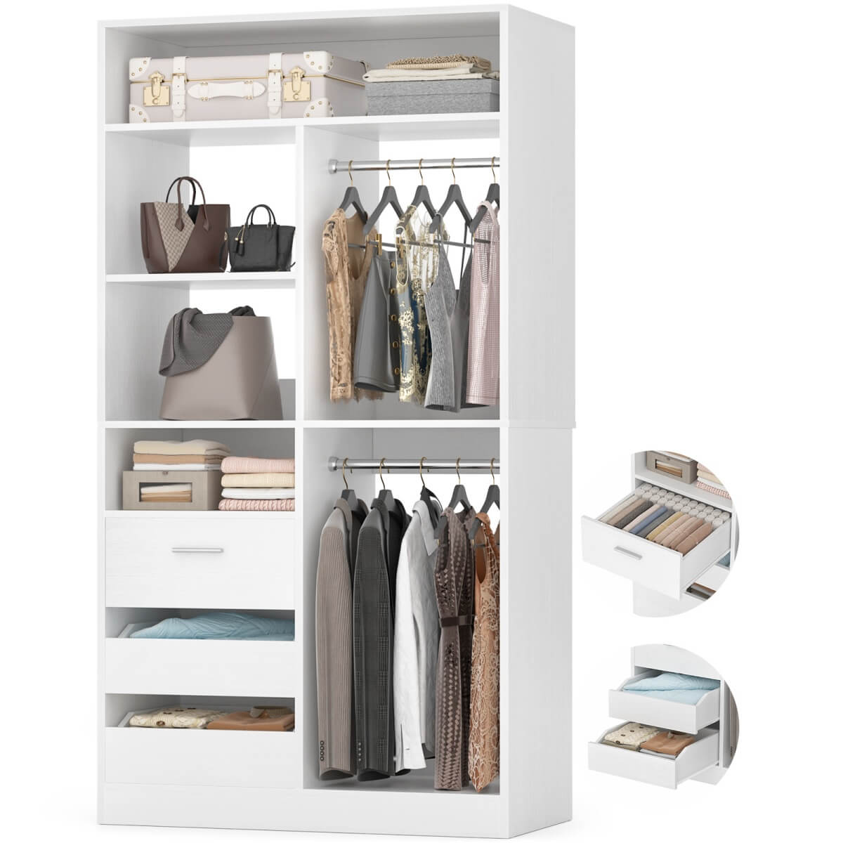 36" Freestanding Walk-in Closet System with 3 Wooden Drawers, 80'' Height