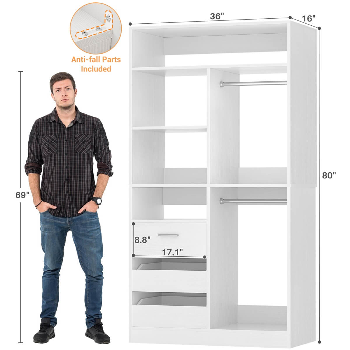 36" Freestanding Walk-in Closet System with 3 Wooden Drawers, 80'' Height