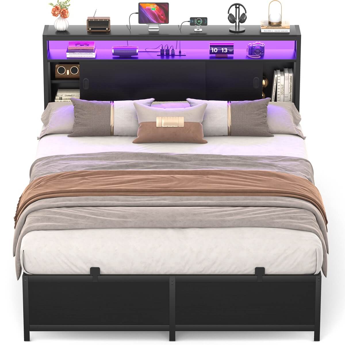 Full Size Bed Frame - Storage Headboard Bed with Sliding Doors, LED Lights & USB Charging Station