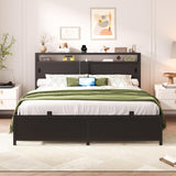 Full Size Bed Frame - Storage Headboard Bed with Sliding Doors, LED Lights & USB Charging Station