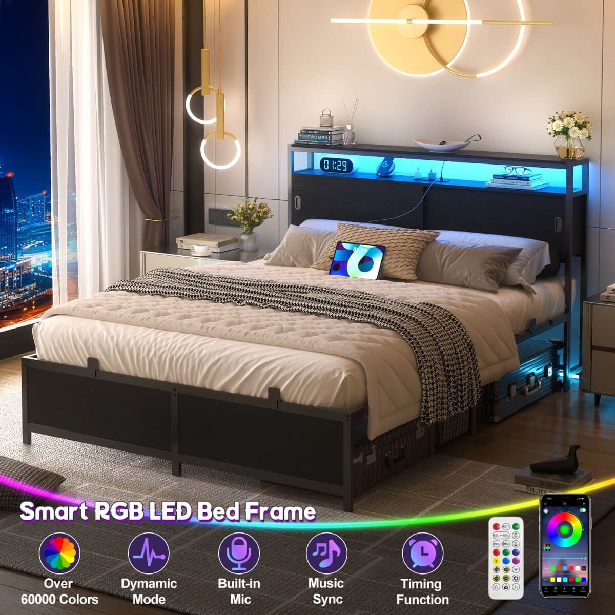 Full Size Bed Frame - Storage Headboard Bed with Sliding Doors, LED Lights & USB Charging Station