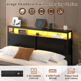 Full Size Bed Frame - Storage Headboard Bed with Sliding Doors, LED Lights & USB Charging Station