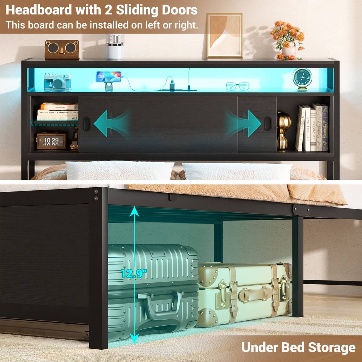 Full Size Bed Frame - Storage Headboard Bed with Sliding Doors, LED Lights & USB Charging Station