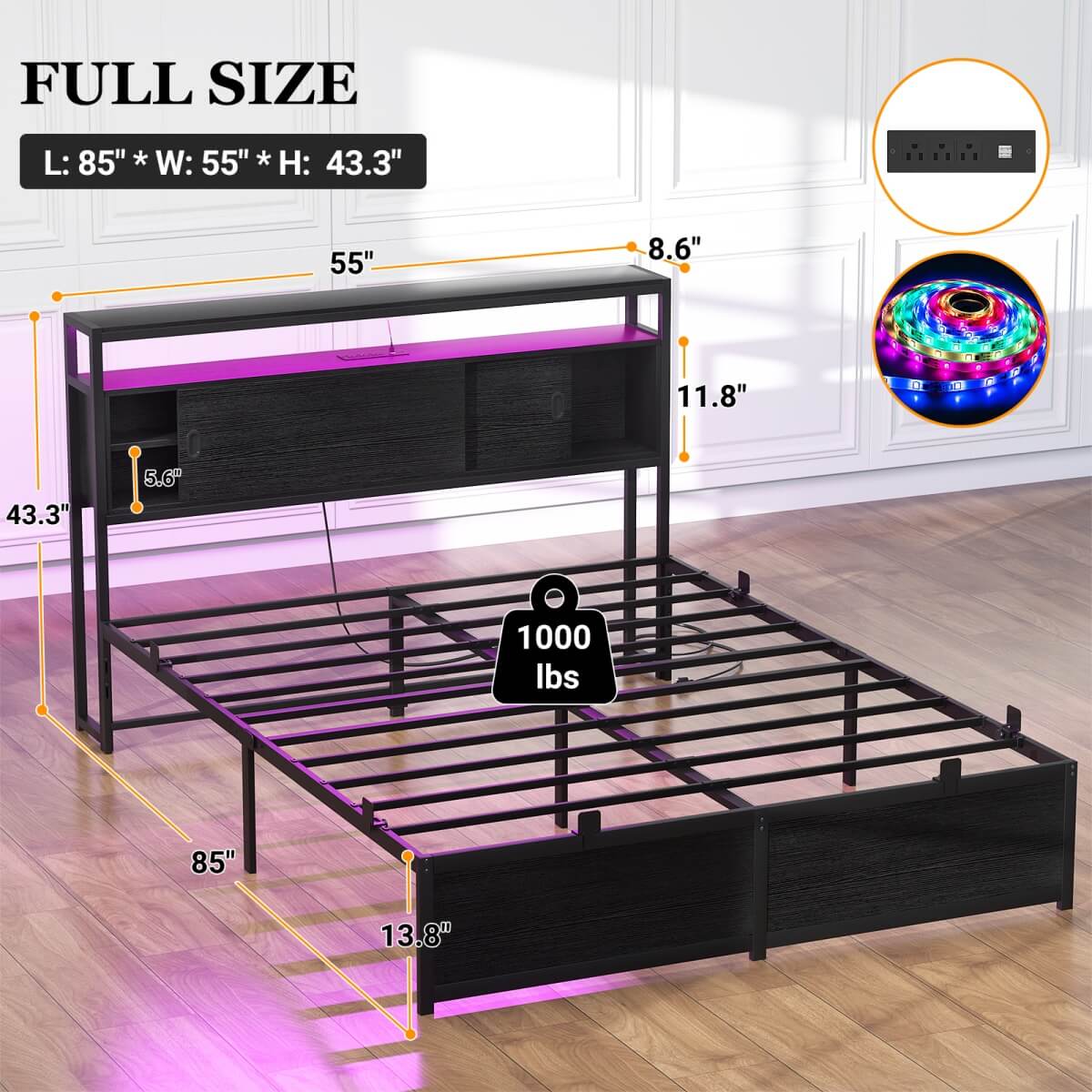 Full Size Bed Frame - Storage Headboard Bed with Sliding Doors, LED Lights & USB Charging Station