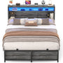 Full Size Bed Frame - Storage Headboard Bed with Sliding Doors, LED Lights & USB Charging Station