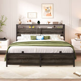 Full Size Bed Frame - Storage Headboard Bed with Sliding Doors, LED Lights & USB Charging Station