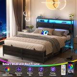 Full Size Bed Frame - Storage Headboard Bed with Sliding Doors, LED Lights & USB Charging Station