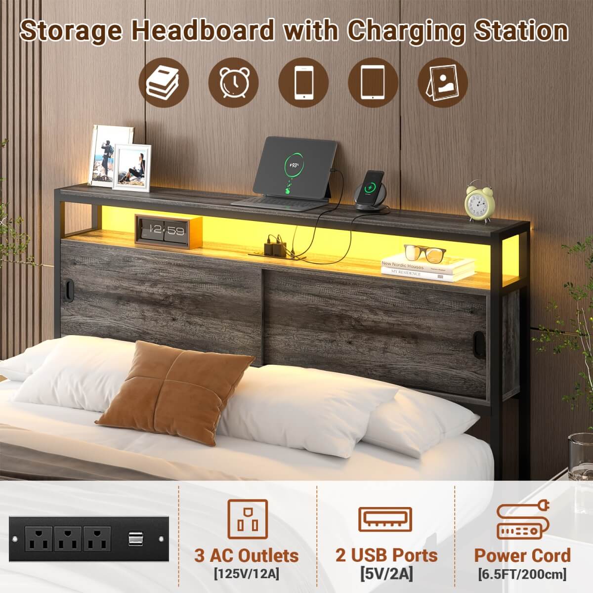 Full Size Bed Frame - Storage Headboard Bed with Sliding Doors, LED Lights & USB Charging Station