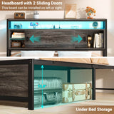 Full Size Bed Frame - Storage Headboard Bed with Sliding Doors, LED Lights & USB Charging Station