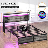 Full Size Bed Frame - Storage Headboard Bed with Sliding Doors, LED Lights & USB Charging Station