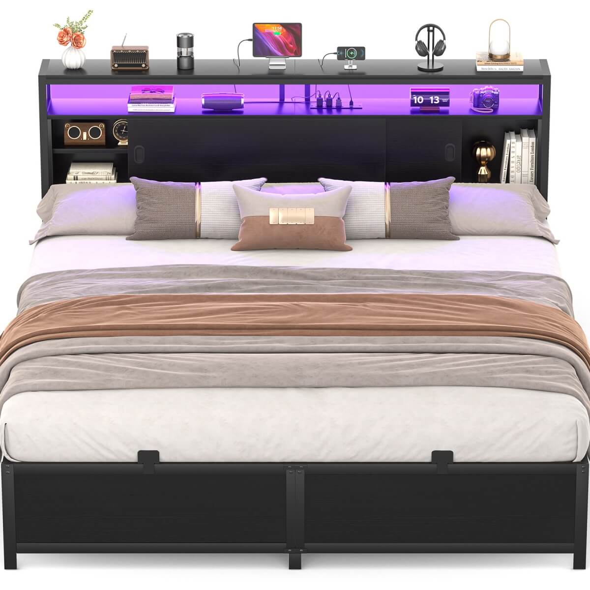 King Size Bed Frame - Storage Headboard Bed with Sliding Doors, LED Lights & USB Charging Station