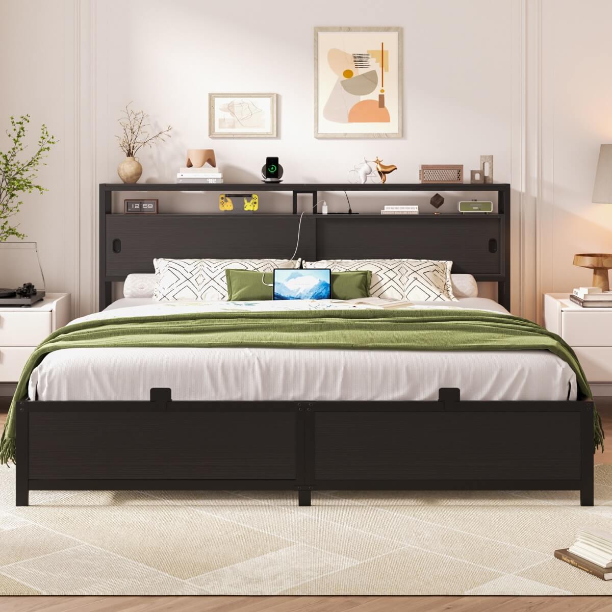 King Size Bed Frame - Storage Headboard Bed with Sliding Doors, LED Lights & USB Charging Station